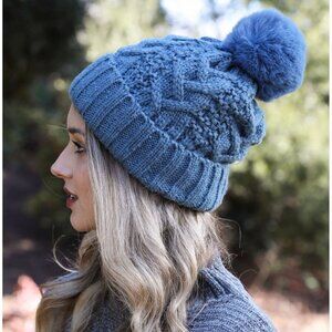 Cable Knit Beanie with Thermal Lining in Blue